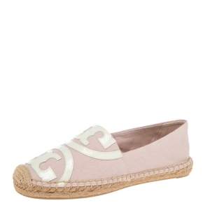 Pre Owned Tory Burch Pink/White Canvas And Patent Espadrille Fats Size 37.5