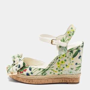 Tory Burch Multicolor Printed Canvas Bow Wedge Ankle-Strap Sandals Size 40.5