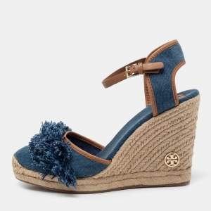 مملوكة مسبقًا Tory Burch Blue Denim Shaw Espadrille Wedge Sandals Size 41.5