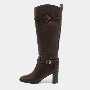 Pre Owned Tory Burch Dark Brown Leather Knee Length Boots Size 39.5