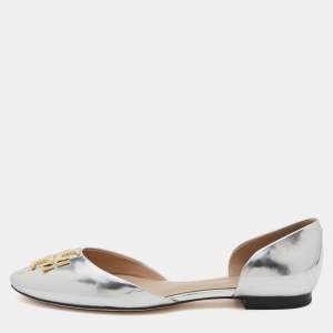 Pre Owned Tory Burch Metallic Silver Leather Raleigh Flats Size 36.5