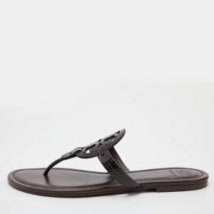 Pre Owned Tory Burch Dark Brown Croc Embossed Leather Logo Miller Thong Flats Size 40.5