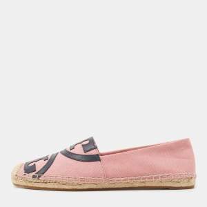 Tory Burch Pink/Navy Blue Canvas and Leather Poppy Logo Espadrille Flats Size 38.5