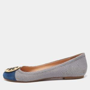 Pre Owned Tory Burch Blue/Grey Textured Leather and Suede Reva Ballet Flats Size 39.5