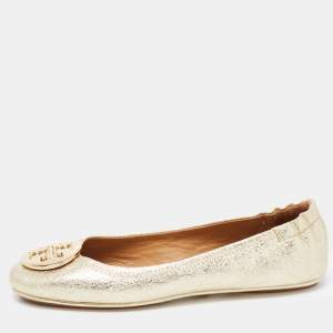 Pre Owned Tory Burch Gold Foil Leather Minnie Travel Scrunch Ballet Flats Size 37.5