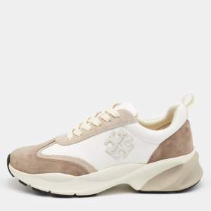 Pre Owned Tory Burch White/Brown Suede and Leather Good Luck Low Top Sneakers Size 40.5