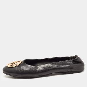 Pre Owned Tory Burch Black Leather Minnie Ballet Flats Size 40