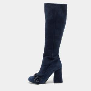 Pre Owned Tory Burch Navy Blue Suede Knee Length Boots Size 37