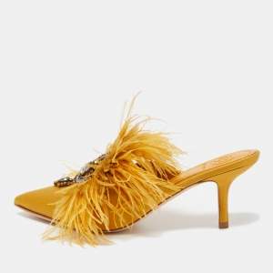 Pre Owned Tory Burch Mustard Yellow Satin and Feather Elodie Embellished Mules Size 36.5