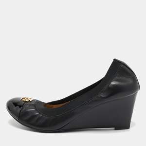 Pre Owned Tory Burch Black Leather Jolie Wedge Pumps Size 40
