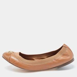 Pre Owned Tory Burch Brown Patent and Leather Jolie Scrunch Ballet Flats Size 39.5