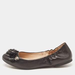 Pre Owned Tory Burch Black Leather Blossom Ballet Flats Size 39.5