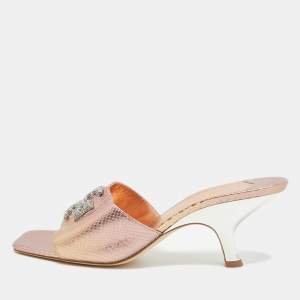 Pre Owned Tory Burch Rosegold Lizard Embossed Leather Ines Slides Size 39.5