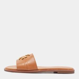 Tory Burch Brown Leather Everly Flat Slides Size 37.5