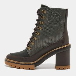 Pre Owned Tory Burch Brown/Green Leather and Nylon Miller Ankle Boots Size 39