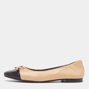 Pre Owned Tory Burch Beige Leather Cap Toe Ballet Flats Size 38.5