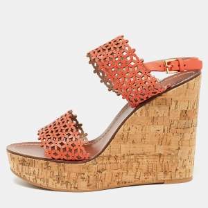 Tory Burch Orange Perforated Leather Daisy Cork Wedge Sandals Size 41.5