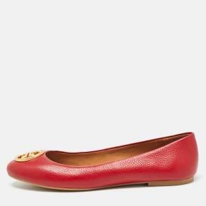 Pre Owned Tory Burch Red Leather Reva Ballet Flats Size 40