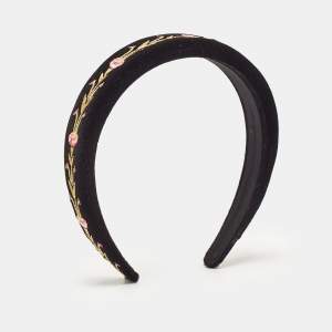 Tory Burch Black Floral Embroidered Velvet Hairband 
