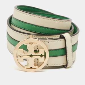 Tory Burch Green/Cream Leather Logo Buckle Belt XS
