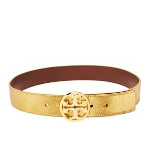 Tory Burch Metallic Gold Leather Logo Buckle Belt S