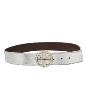 Tory Burch Silver Leather Logo Buckle Belt S