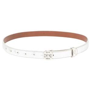 Tory Burch Metallic Silver Leather Reva Buckle Belt 80CM