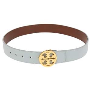Tory Burch Light Blue/Brown Leather Robinson Small Cut to Size Belt 