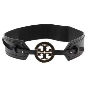 Tory Burch Black  Leather and Elastic Band Logo Waist Belt M