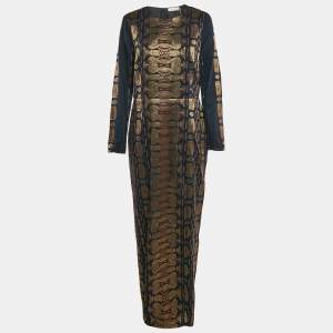 Tory Burch Navy Blue Lurex Jacquard Long Sleeve Maxi Dress L