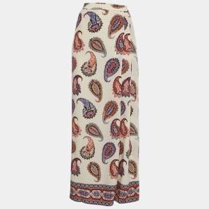 Pre Owned Tory Burch Cream Paisley Print Silk Maxi Skirt L