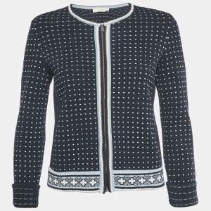 Pre Owned Tory Burch Navy Blue Dotted Stretch Knit Zip-up Jacket XS