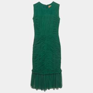 مملوكة مسبقًا Tory Burch Emerald Green Mesh Rushed Ethel Midi Dress XS