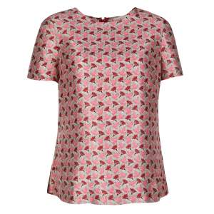 Pre Owned Tory Burch Dove and Lotus Print Silk Gazar Short Sleeve Top S