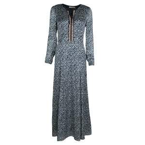 Pre Owned Tory Burch Navy Blue and White Honeycomb Pattern Printed Silk Jacquard Maxi Dress S