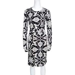 Pre Owned Tory Burch Monochrome Floral Printed Silk Knit Sheath Dress M