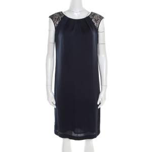 Pre Owned Tory Burch Navy Blue Satin Sequined Shoulder Detail Sleeveless Dress M