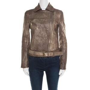 Pre Owned Tory Burch Metallic Washed Leather Biker Jacket S