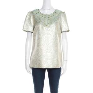 Pre Owned Tory Burch Seafoam Green Crystal Embellished Floral Jacquard Lola Top L