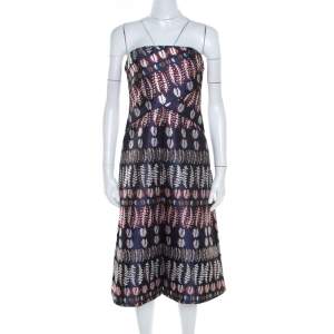 Tory Burch Navy Blue Lurex Fern Patterned Pleated Bodice Strapless Dress S