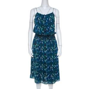 Tory Burch Blue Peacock Print Silk Tassel Detail Camisole Dress M