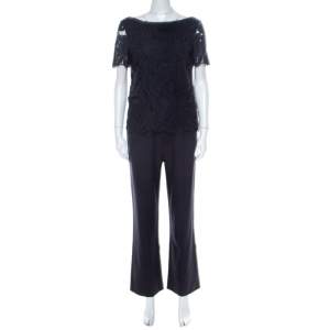 Pre Owned Tory Burch Navy Blue Avalon Lace Short Sleeve Jumpsuit S 