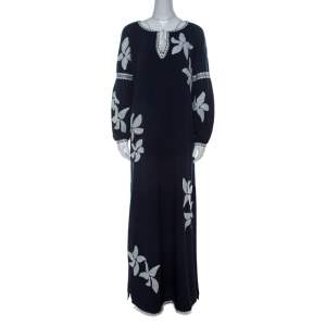 Tory Burch Navy Blue Crepe Embroidered Full Sleeve Jillian Maxi Dress M