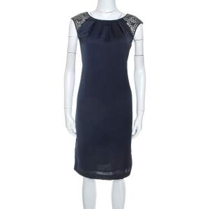 Tory Burch Navy Blue Embellished Satin Sleeveless Shift Dress M