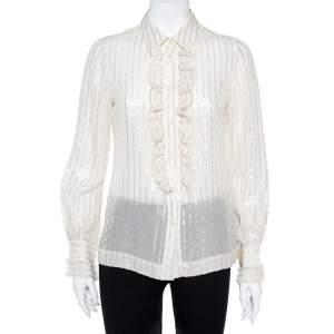 Tory Burch Cream Lurex Striped Silk Ruffled Shirt M