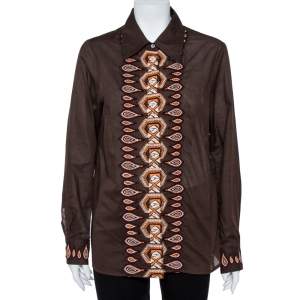 Tory Burch Brown Cotton Embroidered Button Front Shirt L