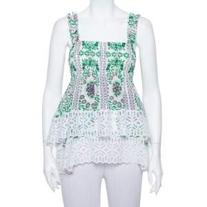 Tory Burch White Garden Party Printed Silk Smocked Tiered Top M