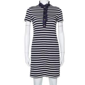 Pre Owned Tory Burch navy Blue & White Striped Cotton Ruffled Collar T-Shirt Dress XS