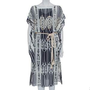 Tory Burch White Anchor Printed Cotton Belted Kaftan Dress M