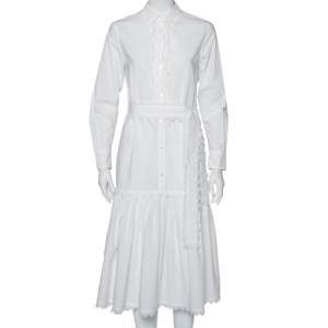 Pre Owned Tory Burch White Cotton Scalloped Ruffled Trim Shirt Dress S 